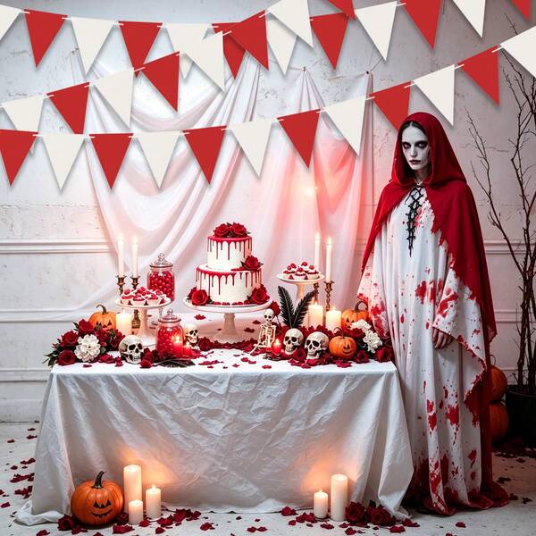 16pcs, Red & White Horror Halloween Party Backdrop Banner, Suitable For Halloween Eve Horror Party Decoration, Wedding, Birthday, Valentine's Day, Day Of The Dead Party Decor