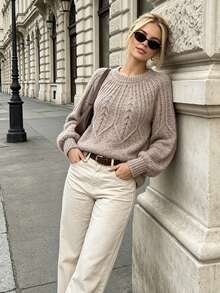 Nicenter Women's Fall Winter Casual Brown Fuzzy Cable Knit Drop Shoulder Crew Neck Long Sleeve Wool Blend Sweater, Cozy Simple For Office Daily Home Date - Camel - View 10