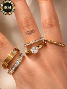 5pcs 18k Gold Plated 2026 New Style Women's Elegant Versatile Fashion Niche Stainless Steel Ring Set, Suitable For Wedding, Engagement, Promise, Bridal, Anniversary Occasions, Mother's Day, Valentine's Day, Christmas Exquisite Gift - 5-piece Set 13 - View 4
