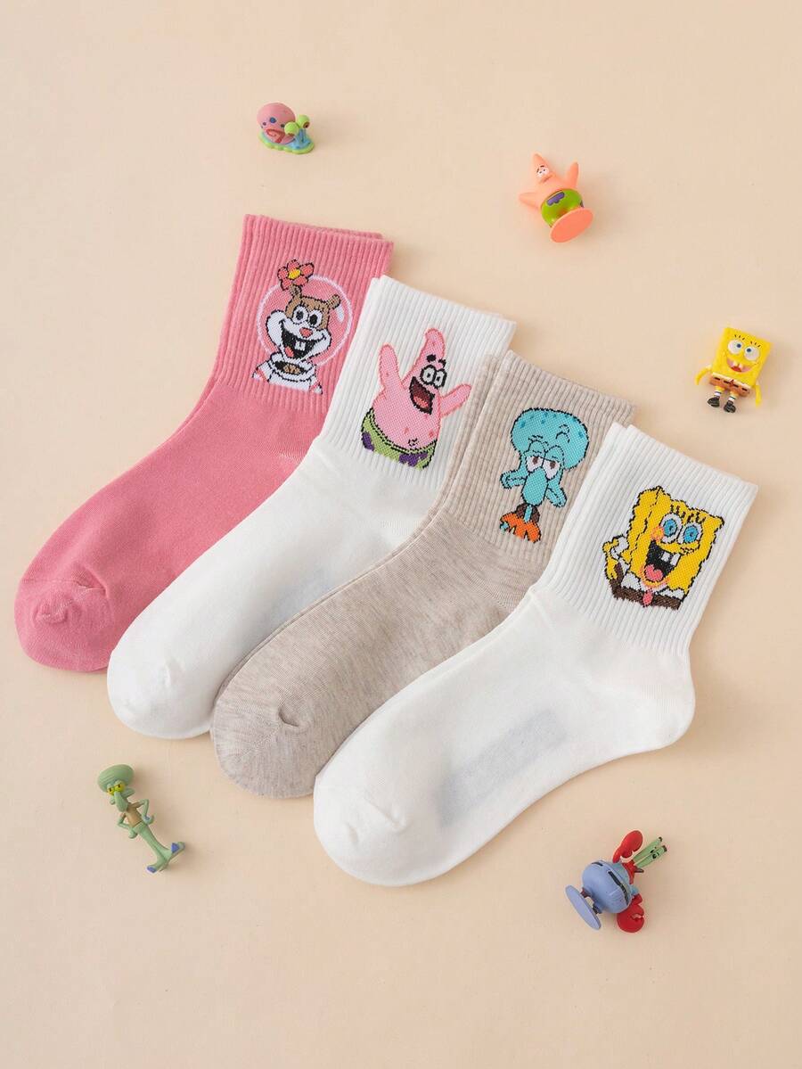 SpongeBob SquarePants 4雙 SquarePants 系列眼睛表情圖案可愛幽默女款中筒襪,情侶款 - 彩色 - 查看 1