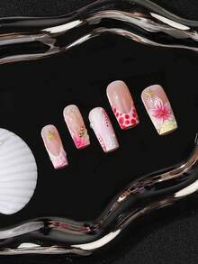 24pcs Medium Rectangular Y2K Hot Girl Style French Manicure Stickers, Icy Transparent Nude Base With White French Tips, Decorated With Stars, Crosses And Rhinestones, Suitable For Party And Disco, Create Exclusive Hot Girl Nail Art Look - Hot Pink - View 6