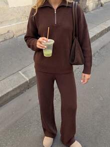 Women's Ribbed Knit Half-Zip Long Sleeve Sweater And Wide Leg Pants Set, Medium Stretch, Suitable For Autumn/Winter - Brown - View 7
