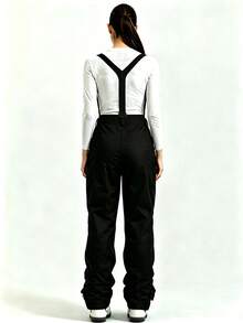 1pc Women's Loose Fit Winter Snowboard Pants, Sporty Style, With Detachable Suspenders, Suitable For Outdoor Activities, Double Skiing Gear, Warm Clothing, Reinforced Structure, Functional Snow Bib Pants, Snow Gear, Thickened, Slim Fit Ski Suit (Front Placket And Pockets Have Three Different Types Of Zippers, Randomly Shipped.) - 黑色 - 查看 9