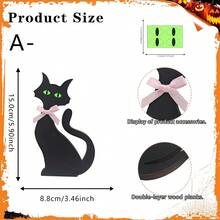 1pc Wooden Black Cat Tabletop Sign Decor, With Pink Bow And Green Cat Eyes Glow In Dark Sticker Decoration, Autumn Halloween Household Desk Shelf Party Supplies. - Multicolor - View 16