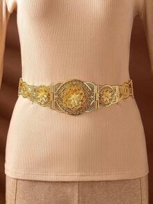 1pc Elegant Middle Eastern Hollow Fine Floral Carved Design Gold-Plated Arabic Wedding Waist Belt - Gold - View 3