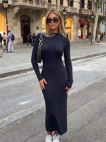 Women's Ribbed Knit Long Sleeve Slim Fit Pencil Dress, Autumn/Winter - Royal Blue - View 1