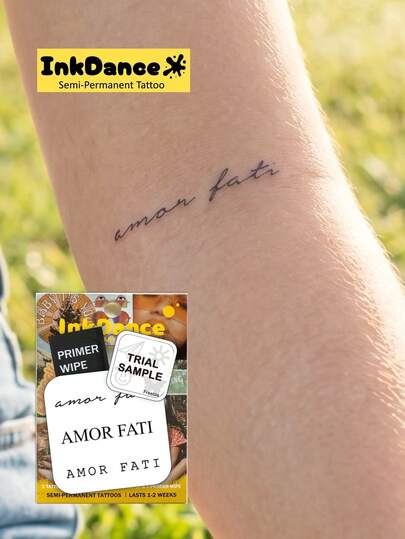 1 Kit "Amor Fati" New Technology Tattoo Sticker, Semi-Permanent, Latin Quote, Philosophical, Minimalist, Classic, Temporary Tattoo, Fake Tattoo, Waterproof & Long-Lasting Realistic Design, Plant-Based Formula, InkDance, Ink Dance, Gift MNF056
