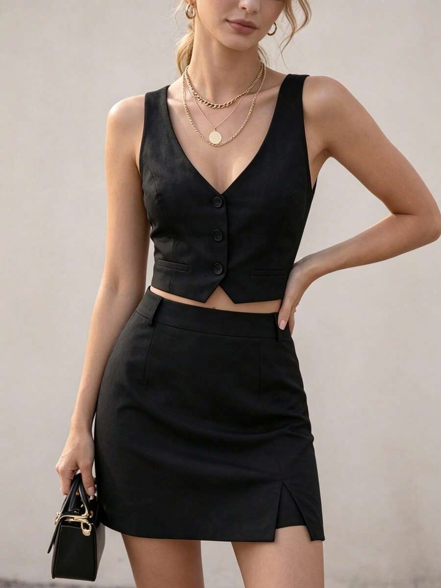 Women's Casual Two Piece Set, Button Front Vest, Slit Shorts And Skirt, Solid Color - Negro - Ver 1