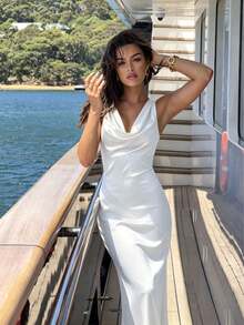 浪漫派對緞面百褶修身垂領洋裝，適合約會、婚禮、正式晚宴、畢業舞會 - 白色 - 查看 5