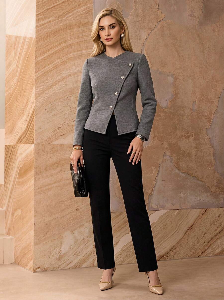 Áo cardigan len dệt màu xám phong cách Y2K cho nữ, áo khoác len tôn dáng eo, cúc kim loại bất đối xứng, phù hợp hẹn hò và đi làm mùa thu/đông - Xám - Xem 1