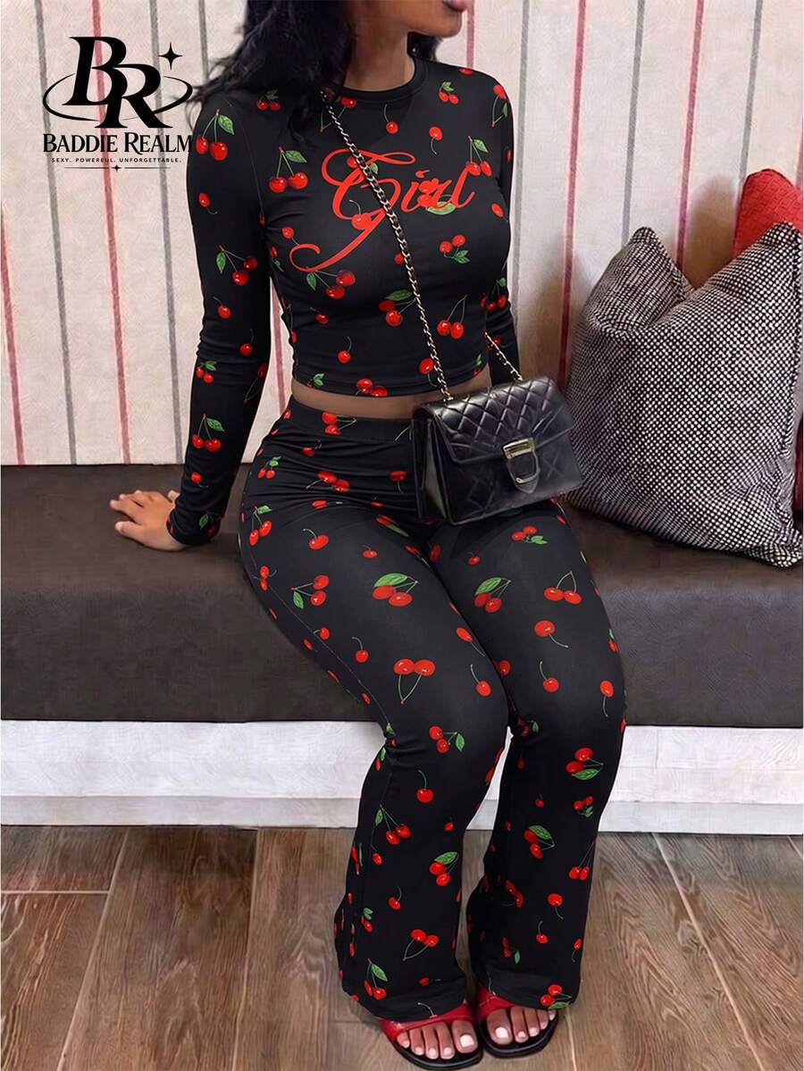 BADDIE REALM Women's 2pcs Slim Fit Cherry Print Stretch Vaction Athleisure - Multicolor - View 1