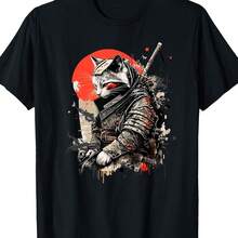 Chemise homme noire à manches courtes en coton avec imprimé de chat samouraï et motif de texte japonais pour un look anime - Noir - Voir 1