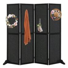 4 Panel Pegboard Freestanding, 5 FT Portable Display Board Organizer For Craft Show Jewelry, Wooden Folding Privacy Screen Room Divider With Base, Black - Black - View 8