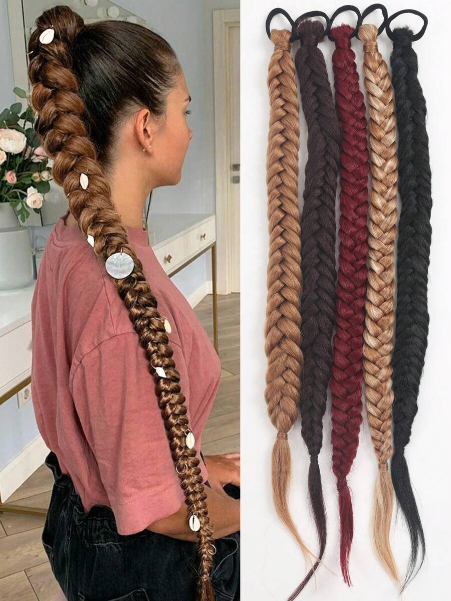 32 Inch Braid Hair Extensions, Hand-Woven Fishbone Braid Synthetic Hair With Soft Scrunchie, Suitable For Daily Use