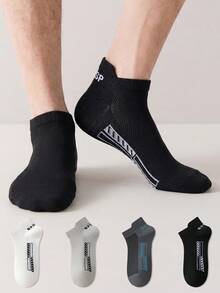 ZUJO 4 Pairs Thin Men's Short Socks, Mesh Breathable Multi-Function Socks With Letter Design, Suitable For Home, Casual, Sports, Running - Multicolor - View 2