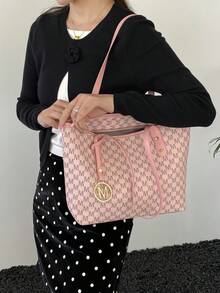 Dedoo 女款單肩托特包，滿版 M 字母印花，耐用複合面料，大容量，校園背包，大學校園 - 粉色 - 查看 8