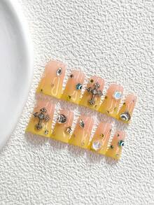 10片裝復古Y2K女孩風手工穿戴甲，Polygel美甲套組，水鑽十字圖案，黃色指甲油，甜酷風，附美甲工具，3種尺寸可選，杏仁形、鴨嘴形、棺材形，適合派對、跳舞、日常配戴 - 彩色 - 查看 20