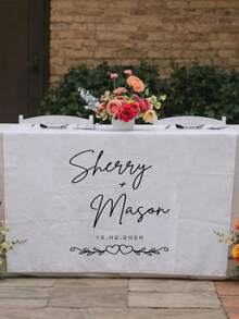 Personalized Wedding Table Runner, Custom White Polyester Linen Fabric Couple Table Runner (Includes Name And Date), Elegant Wedding Reception Decor Sign - Multicolor - View 2