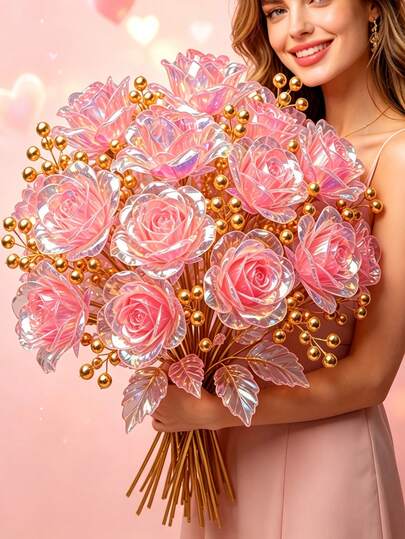10pcs/6pcs Iridescent Holographic Pink Artificial Rose Bouquet, Faux Flower With Golden Berries, Immortal Floral For Wedding Bridal Bouquet, Christmas Thanksgiving Table Decor, Valentine Anniversary Birthday Gift, Housewarming Party Desktop Ornament