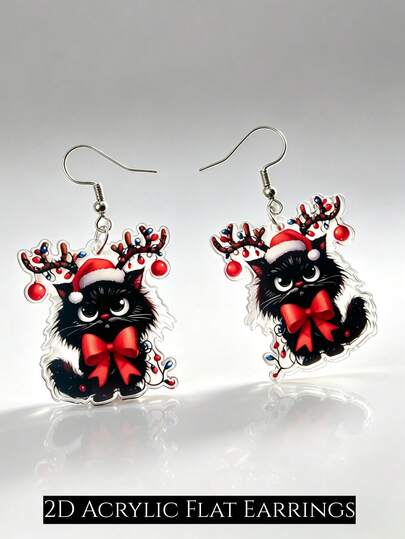 2D Flat Cute Christmas Hat Deer Horn Black Cat Acrylic Earrings, Stainless Steel Ear Hooks, Red Bow Christmas Women's Holiday Dangle Earrings, Cute Pet Themed Christmas Jewelry Gift