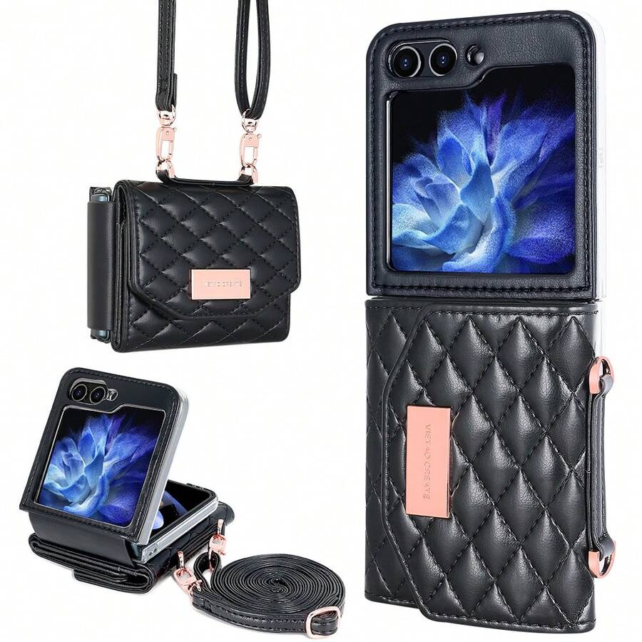 VIETAO Crossbody Strap Wallet-Style Faux Leather Phone Case, Compatible With Samsung Galaxy Z Flip 8 7 6 5 4 3 Flip8, Fashion Card Slot Protective Phone Cover - Black - View 1