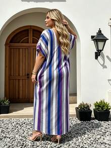 Women's Colorblock Vertical Stripe Loose Long Robe Dress With Matching Scarf, Batwing Short Sleeve V-Neck Long Cover-Up, Double Pockets, Plus Size Vacation Beach Dress Without Slit - Blue - View 3