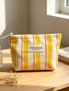 L'Occitane Yellow-Orange Vertical Striped Canvas Makeup Bag, Portable Travel Cosmetic Storage Bag, Daily Use, Vacation, Birthday, Holiday Gift LOCCITANE-GIFT-25 - Yellow + White - View 2
