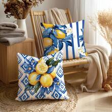 4Pcs Navy Blue Lemon Illustration Throw Pillow Covers - 17.7*17.7 Inches, Machine Washable With Zipper, Suitable For Farmhouse, Living Room, Bedroom, Sofa, Porch, Patio, Outdoor Decor, Not Insert Included - Multicolor - View 4