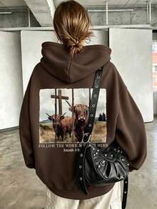 Cow Print Sweatshirt, Plus Size Women's Casual Autumn/Winter Long Sleeve Pocket Sweatshirt Sweatshirt Brown - Brown - View 1