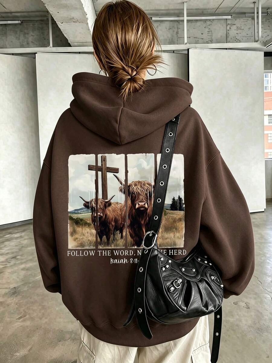 Cow Print Sweatshirt, Plus Size Women's Casual Autumn/Winter Long Sleeve Pocket Sweatshirt Sweatshirt Brown - Brown - View 1