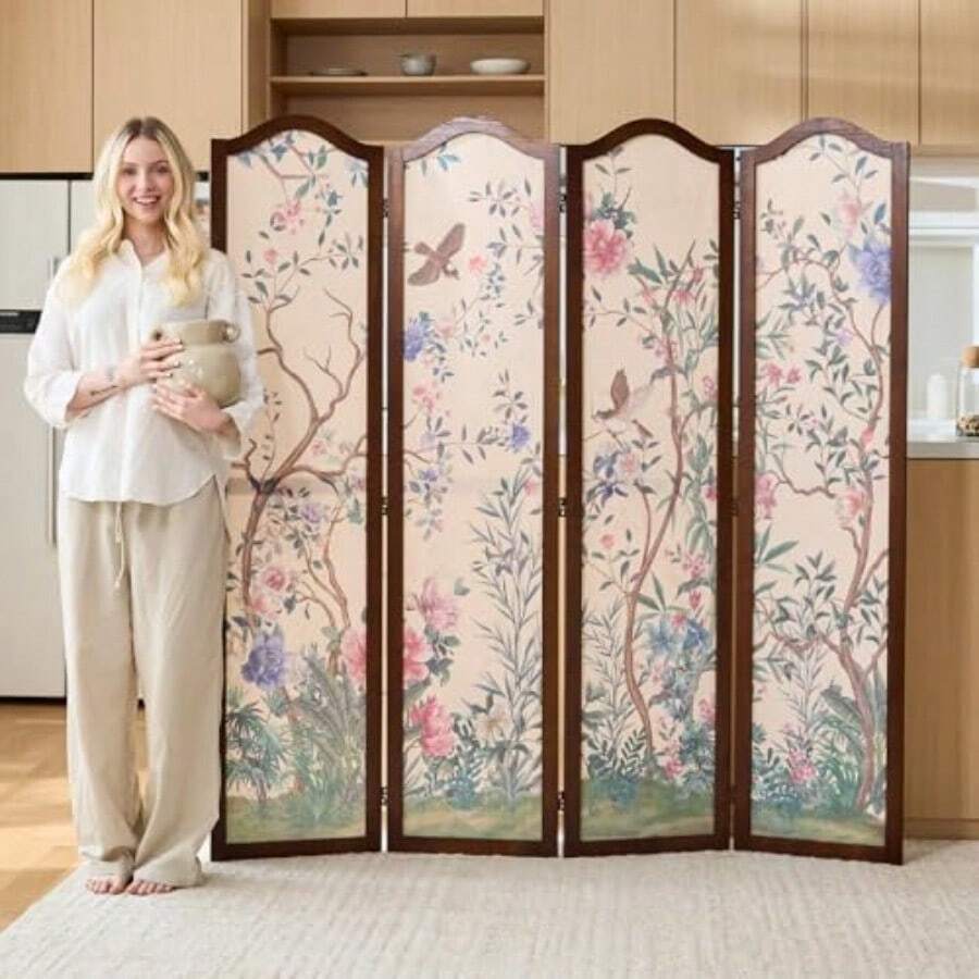 Oriental Style 4-Panel Wood Folding Screen Room Divider Freestanding Privacy Screen And Decorative Partition Wall Panel For Home Decor 67″H X 64″W (Flowers And Birds, 4 Panels) - Flowers and Birds - View 1
