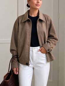 Slouchy Coffee Color Lapel Single-Breasted Dropped Shoulder Loose Short Jacket Top - Coffee Brown - View 1