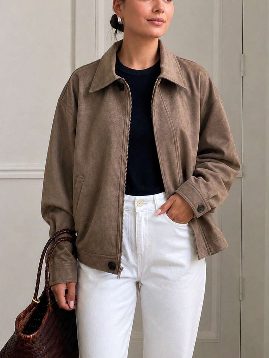Slouchy Coffee Color Lapel Single-Breasted Dropped Shoulder Loose Short Jacket Top - Coffee Brown - View 1