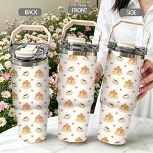 1/5pcs 30oz Vacuum Insulated Tumbler With Gift Box, Cream White Pancake Coffee Cup With Heart Cartoon Print, Foldable Portable Handle, Double Flip Lid Leak-Proof Cup Cover, Double Wall Mug, Suitable For Breakfast Daily, Warm Heart Food Theme Brunch Lover Gift - Dessert - View 4