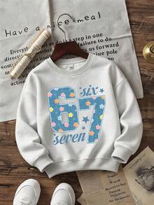 2pcs Set Suitable For Girls, Crew Neck Sweatshirt And Denim Like Floral Bow Wide Leg Pants Outfit, Printed Denim Like Number 67 Pattern Crew Neck Sweatshirt + Denim Like Floral Bow Wide Leg Pants Matching Set, Suitable For Autumn/Winter Daily Wear - Multicolor - View 5