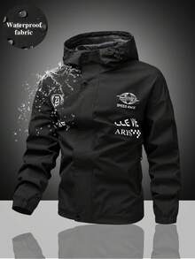 Men's Solid Color Hooded Windbreaker Jacket With Adjustable Drawstring Hood, 23 Shield & Earth Print, Elastic Cuffs, Zipper Pockets, Outdoor Functional Jacket - Black - View 1