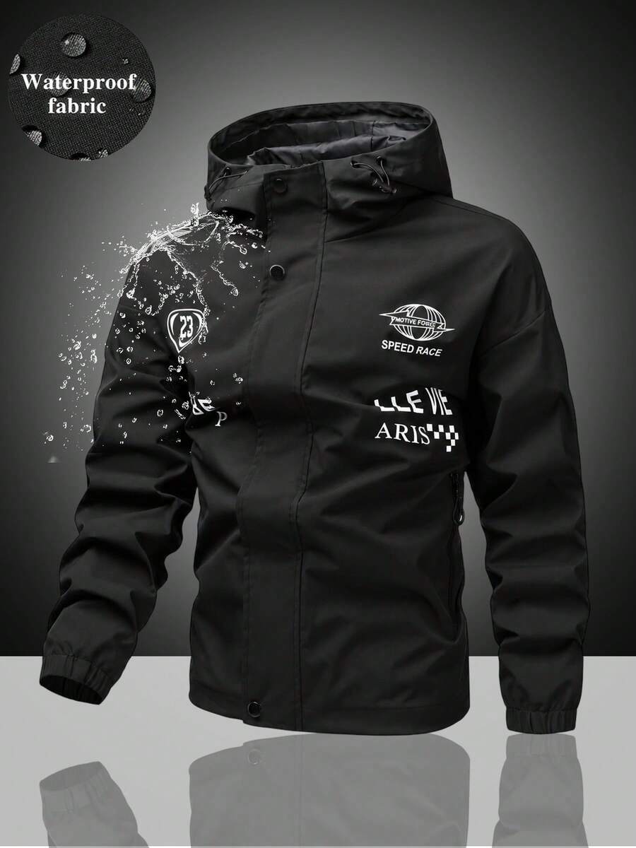 Men's Solid Color Hooded Windbreaker Jacket With Adjustable Drawstring Hood, 23 Shield & Earth Print, Elastic Cuffs, Zipper Pockets, Outdoor Functional Jacket - Black - View 1
