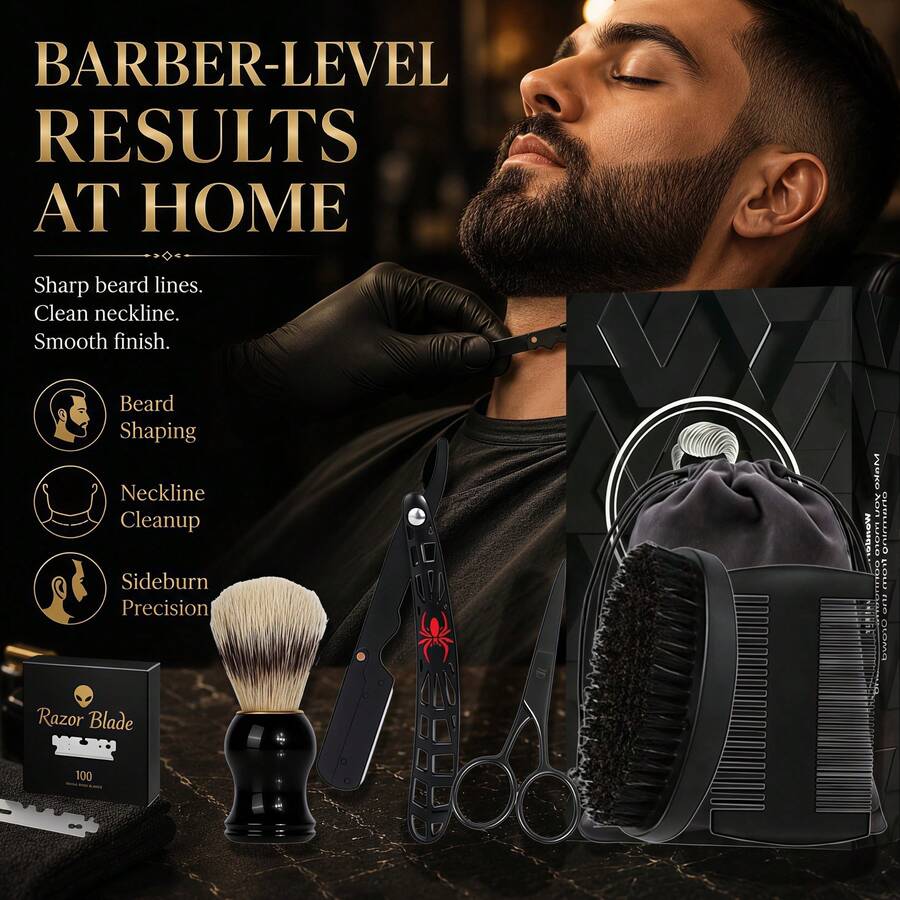 Set Perawatan Jenggot Profesional, Termasuk Pisau Cukur Lurus, Sikat, Sisir, Gunting, Kantung Penyimpanan Kain, dan 100 Mata Pisau Cukur; Set Perawatan Rumahan untuk Pria - Sisir jenggot + sikat jenggot - View 1