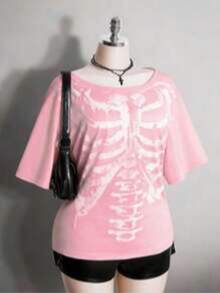 2026 Summer Collection,Retro Gothic Plus Tee: Distressed Skull & Rose, Y2K Punk Style, Sizes S-7XL, Ships 24H - Pink - View 17