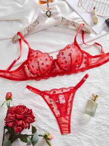 女款性感內衣2件套－透視甜美紅色網紗刺繡胸罩與內褲套裝－情人節約會內衣 - 紅色 - 查看 6