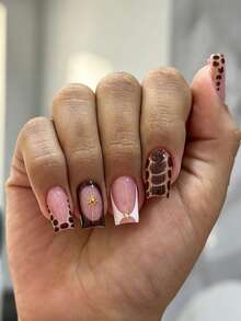 24pcs Medium Rectangle A-Shape Nude Pink Transparent Shiny Brown Leopard Print Rhinestone Nail Stickers Meilada Light European American Sweet Cool Hot Girl Style Daily Removable Self-Adhesive Fake Nails - 彩色 - 查看 1