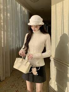 Elegant Soft Style High Neck Cable Knit Sweater For Women, Spring/Autumn, Tie Cinched Waist Pullover Top - Apricot - View 1