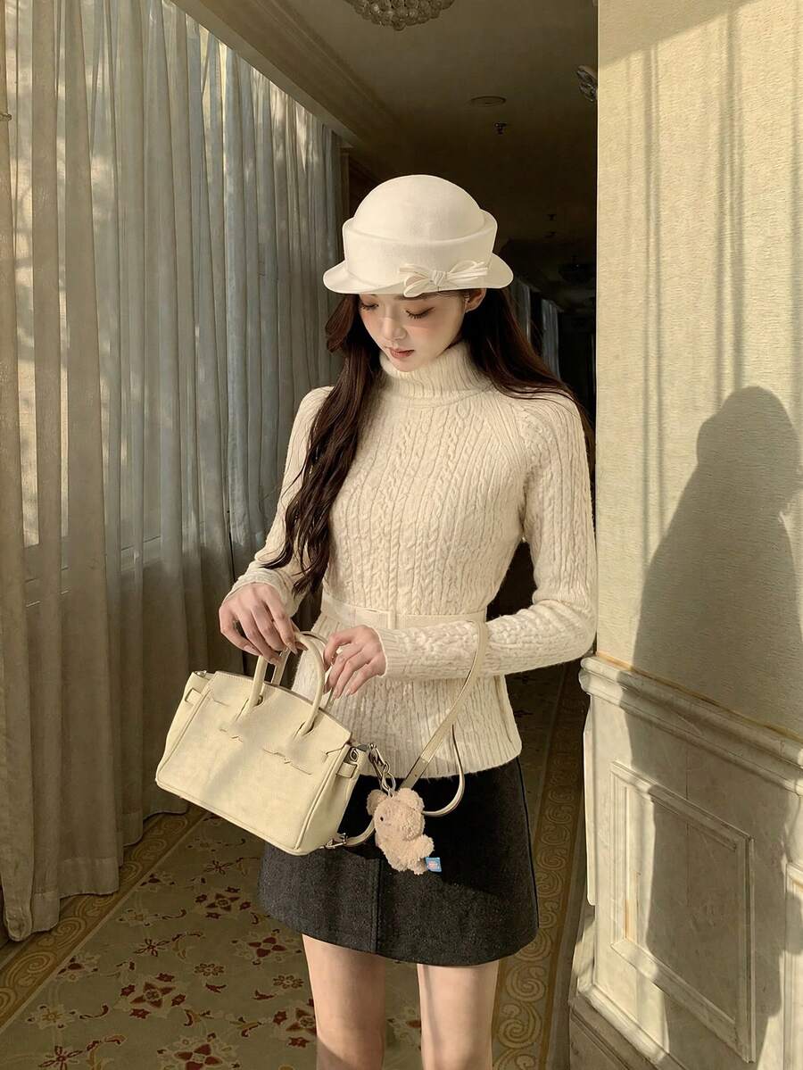 Elegant Soft Style High Neck Cable Knit Sweater For Women, Spring/Autumn, Tie Cinched Waist Pullover Top - Apricot - View 1