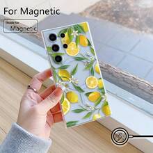 [24h Versand Aus DE/FR/ES]Transparent Magnetic Slim Soft TPU Anti-Drop Phone Cover Hand-Painted Yellow Citrus Fruit Leaf Tiny White Flower Graphic Fit  11-17 Air Series,  S21-S26 Ultra,   Fingerprint Resistant All-Round Shock Absorption Phone Case, Light Fresh Summer Botanical Fashion Festival Present For Plant Art Enthusiast Friends - 1 Main Image - View 1