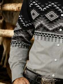 Men's Vintage Western Style Contrast Color Long Sleeve Shirt, Black Collar, Blue & White Geometric Print Patchwork Design Sports - Light Grey - View 4