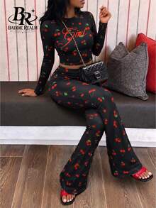 BADDIE REALM Women's 2pcs Slim Fit Cherry Print Stretch Vaction Athleisure - Multicolor - View 6