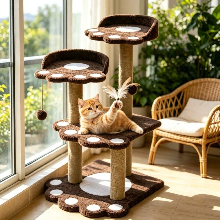 60*52*85cm Cat Climbing Frame Multi-Level Paw Shape Cat Tree Tower Random Color Delivery Sisal Scratching Post Perch Platform Nest Toy For Indoor Kitten Adult Cat Rest Play Activity Furniture - Multicolor - View 1