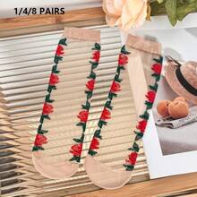 1/4/8 Pairs Women's Thin Mesh Socks, Summer Sheer Silky Lace Short Socks, Cute Knee-High Socks, Also Suitable For Autumn Wear - Multicolor - View 11