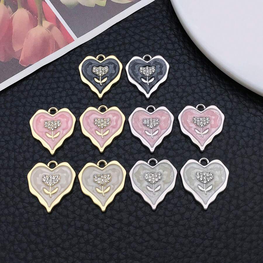 6/10 pièces pendentif cœur ondulé émaillé, breloque fleur en alliage avec strass, accessoires pour la fabrication de bijoux, matériaux DIY pour bracelet, collier et boucles d'oreilles faits main - Cœur - Voir 1