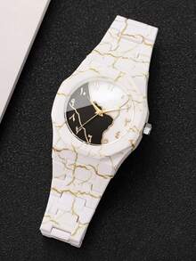 Women's Plastic Strap Fashion Marble Pattern Arabic Numeral Dial Classic Casual Quartz Wristwatch, Gift For Girlfriend (1pc/Set) Watch Box Not Included - White - View 9